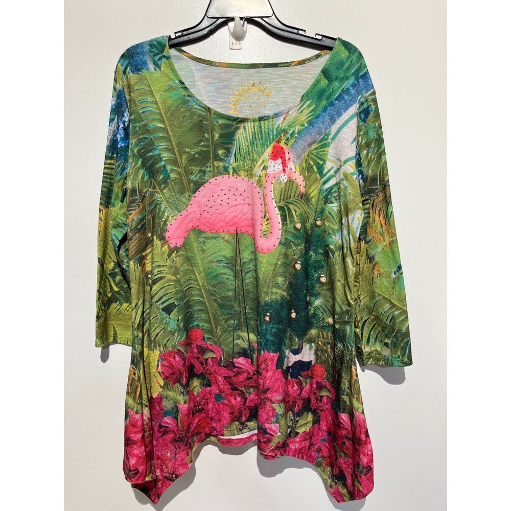 Sun Bay Flamingo Christmas Tropical Tunic Top Large UPF 30 3/4 Sleeve Green Pink